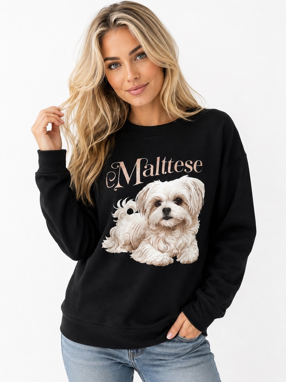 Maltese Dog Graphic Sweatshirt Black Crew Neck Pullover Size Small Cute Puppy